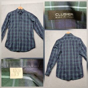 Clusier Made in Italy Dress Shirt Men's 15.5/39 Navy Green Plaid Long Sleeve